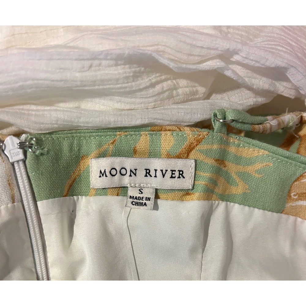 Moon River Green Shell Coral Print Drop Waist Midi Dress Cream Gauze Skirt Small - Picture 2 of 4